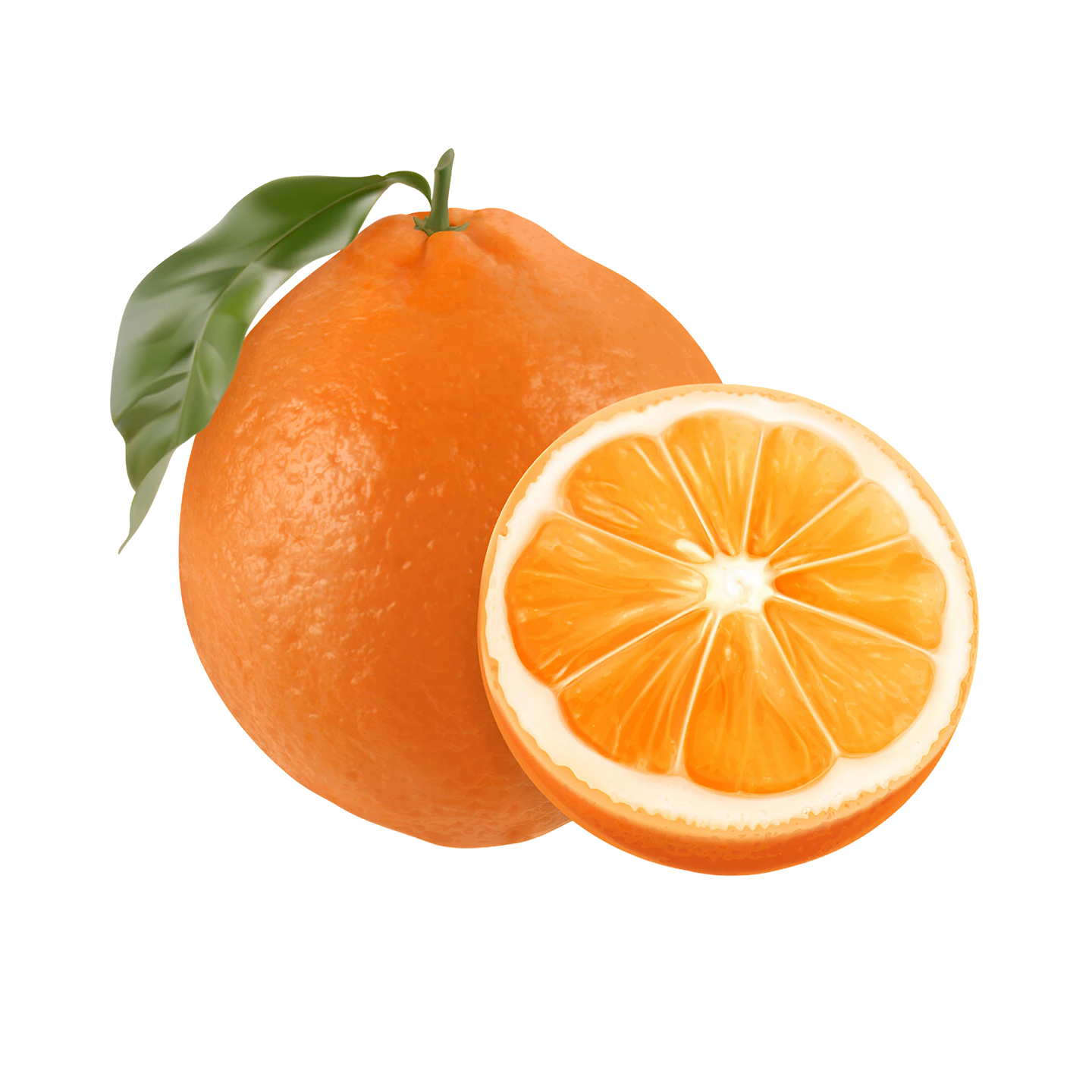 Whole and sliced orange with green leaves on a black background.