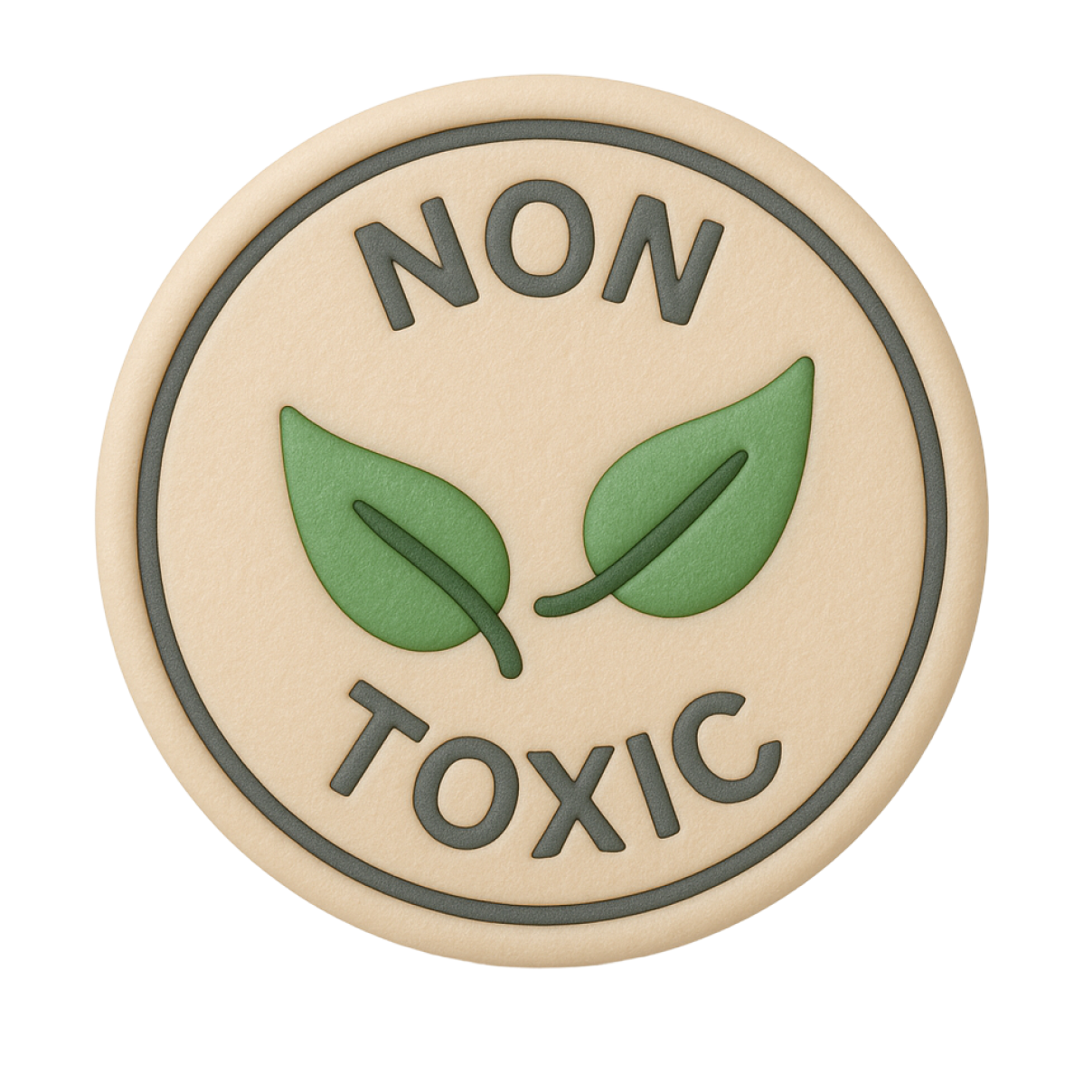 Circular badge with green leaves and text 'NON TOXIC'.