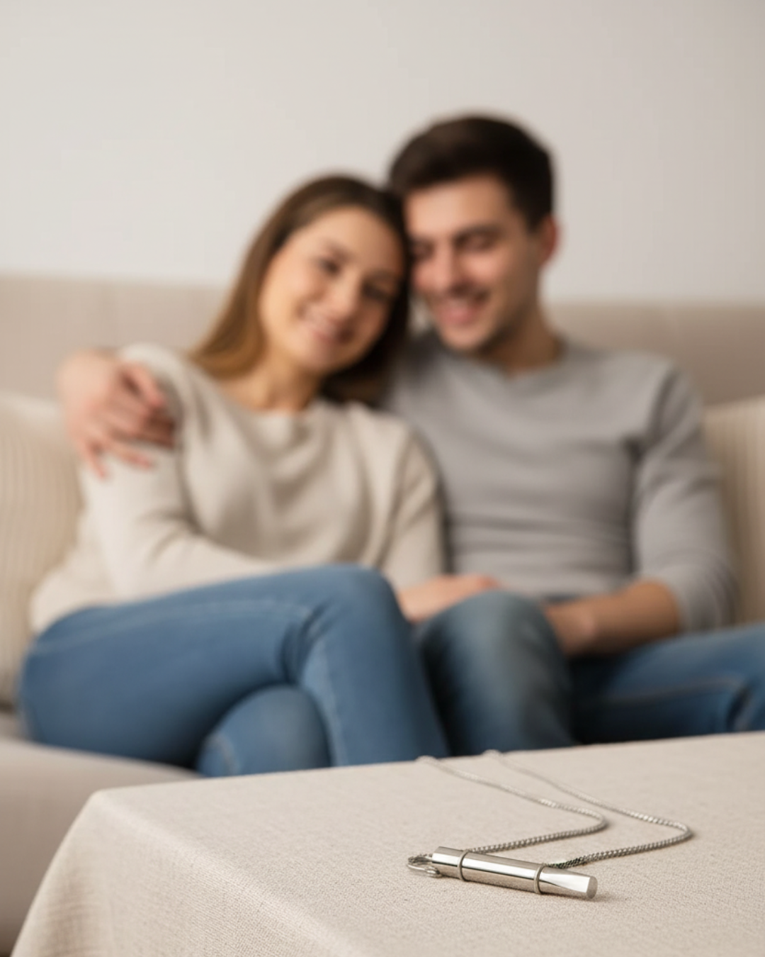 Blurred couple sitting on couch; focus on necklace on table.