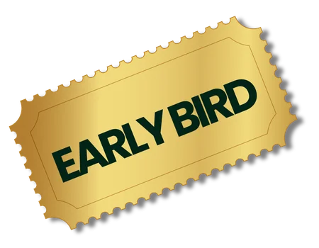 A golden ticket with serrated edges that reads 'EARLY BIRD' in dark green text.