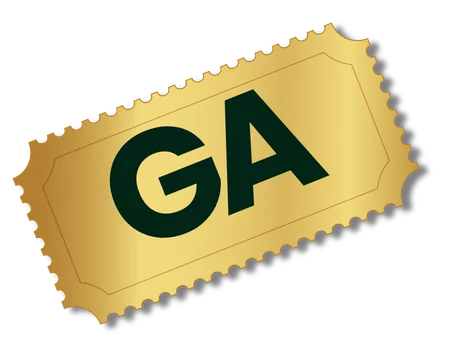 A golden ticket with perforated edges and the letters GA printed in a dark font.