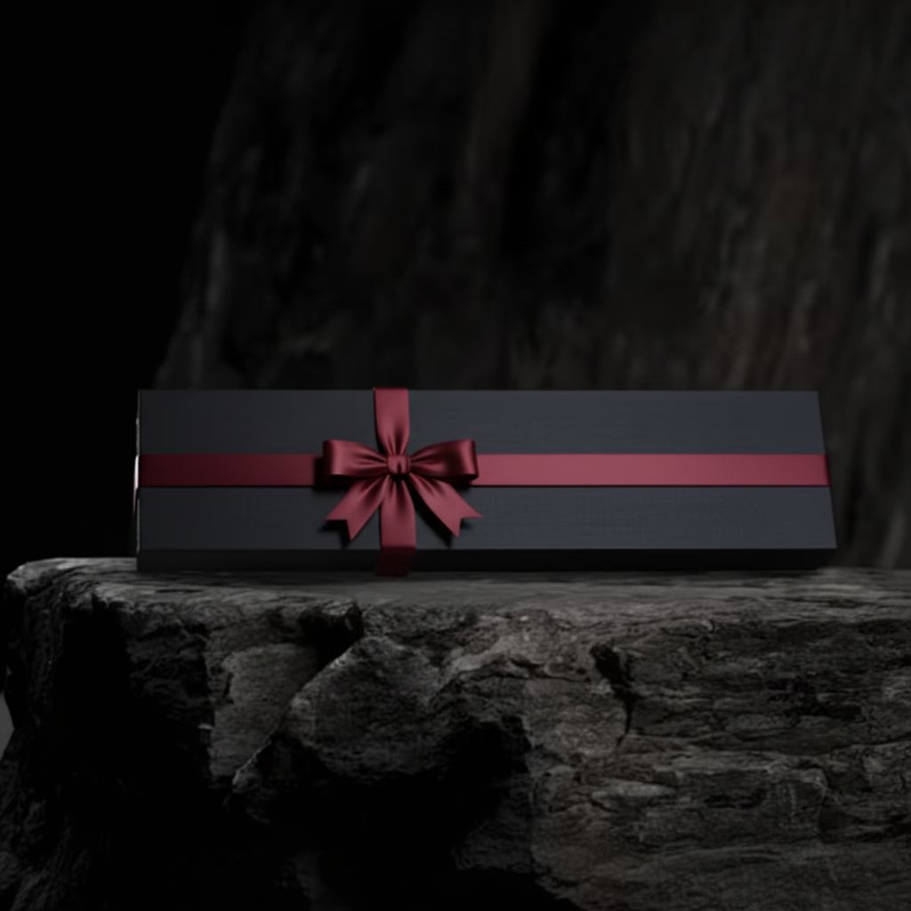 A black box labeled 'DAMASO' on a textured, dark surface with small bowls nearby.