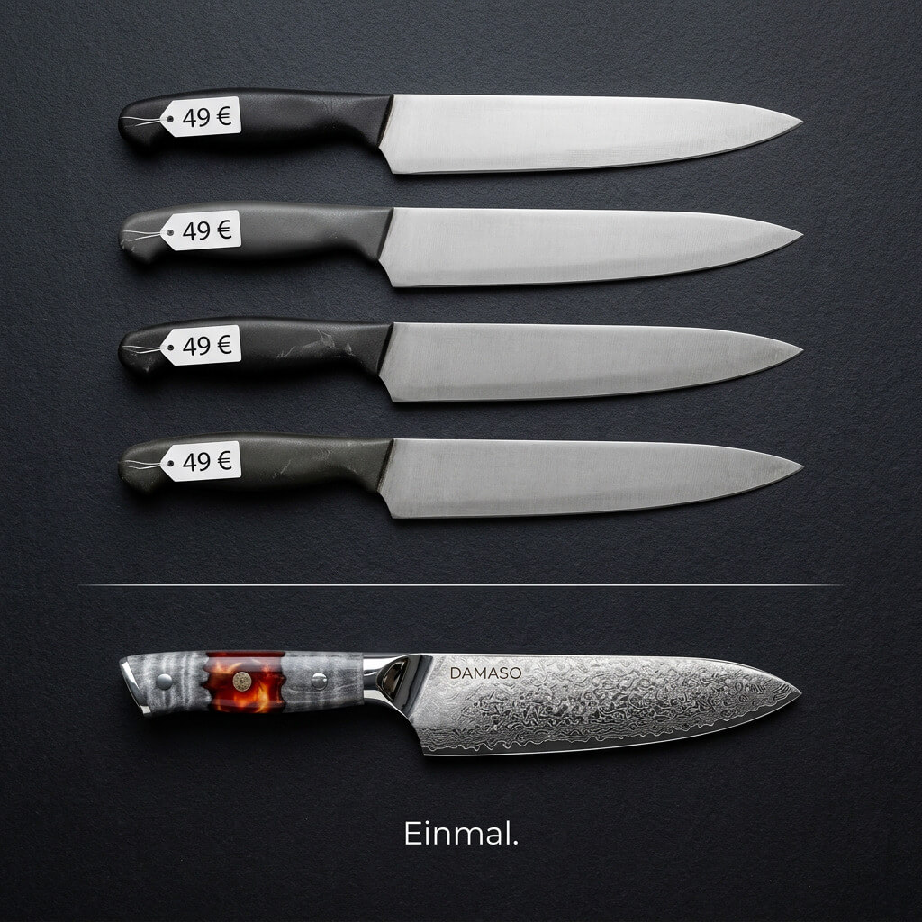 Four plain knives with price tags are shown above a single, ornate Damascus steel knife on a dark surface.