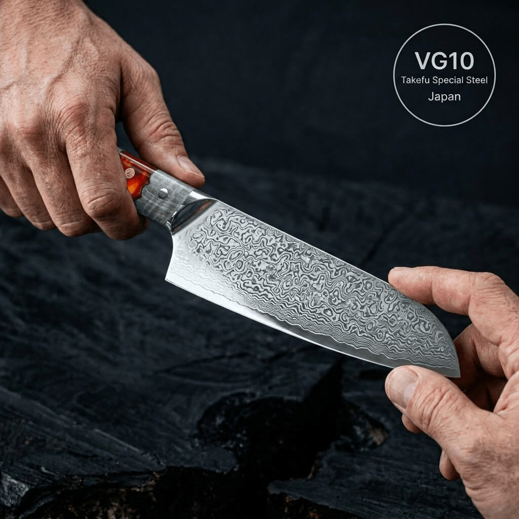 Close-up of two hands holding a patterned Damascus steel kitchen knife against a dark background.