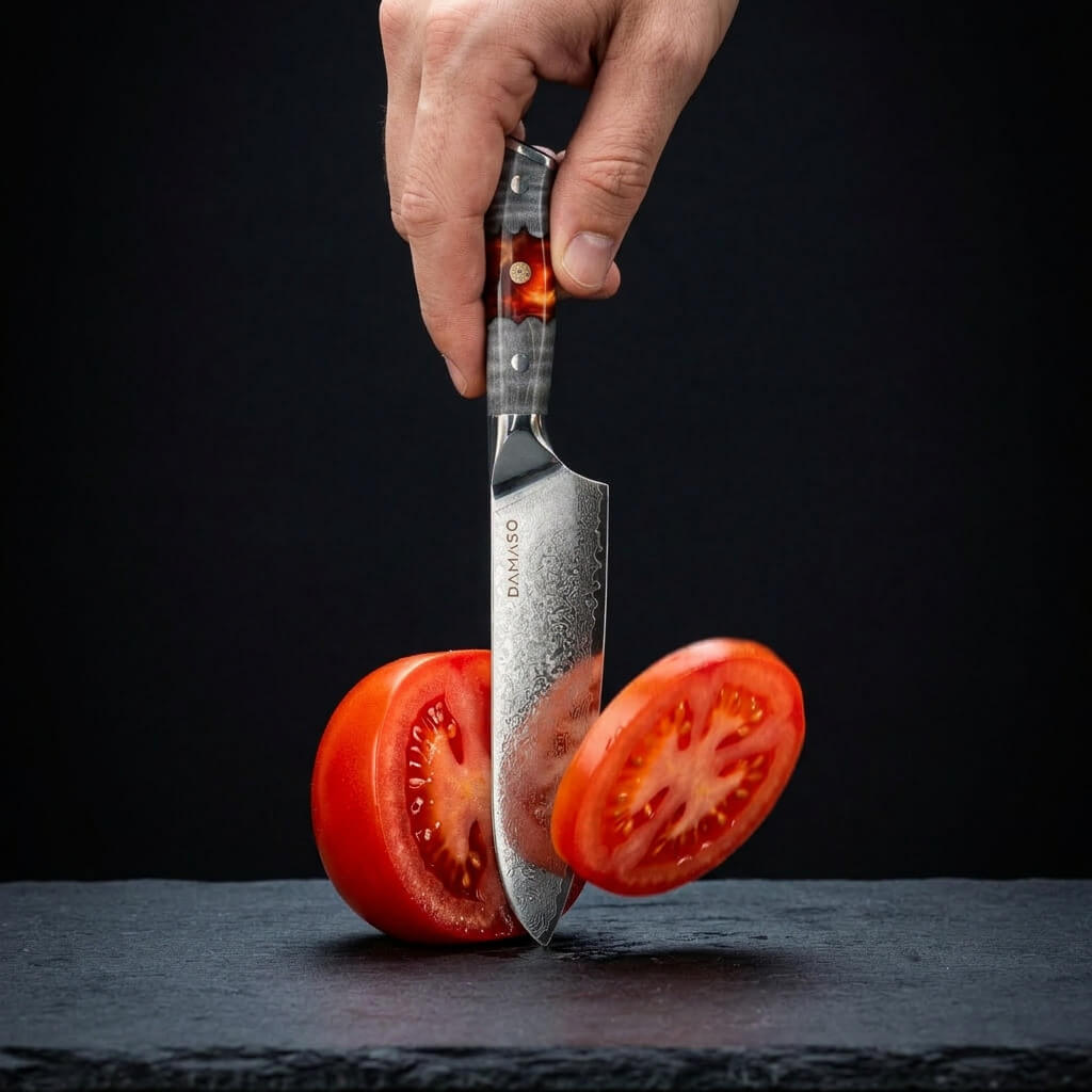 A hand holding a patterned knife slicing a tomato, with the slice suspended in mid-air.