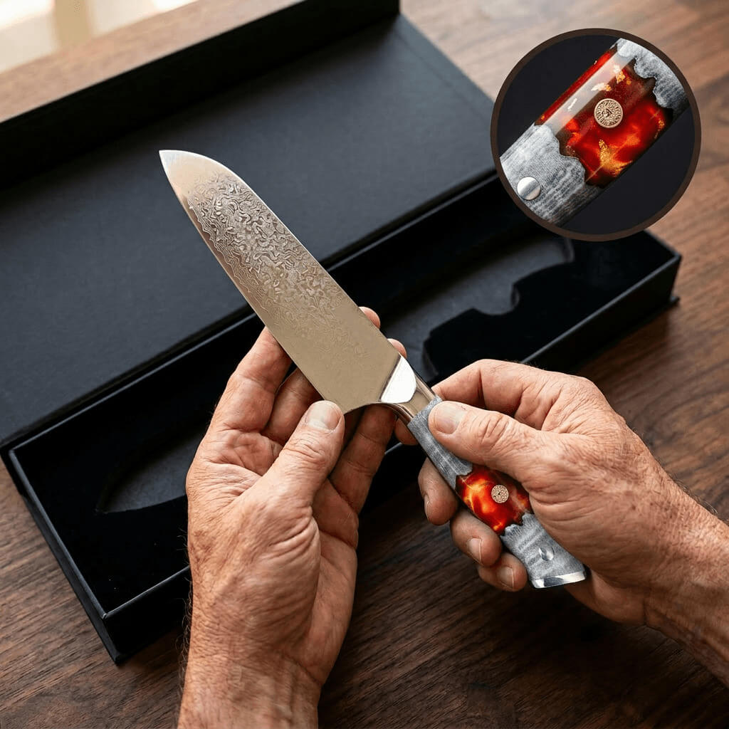 A person's hands holding a patterned Damascus steel knife with a decorative red and grey handle over its box.