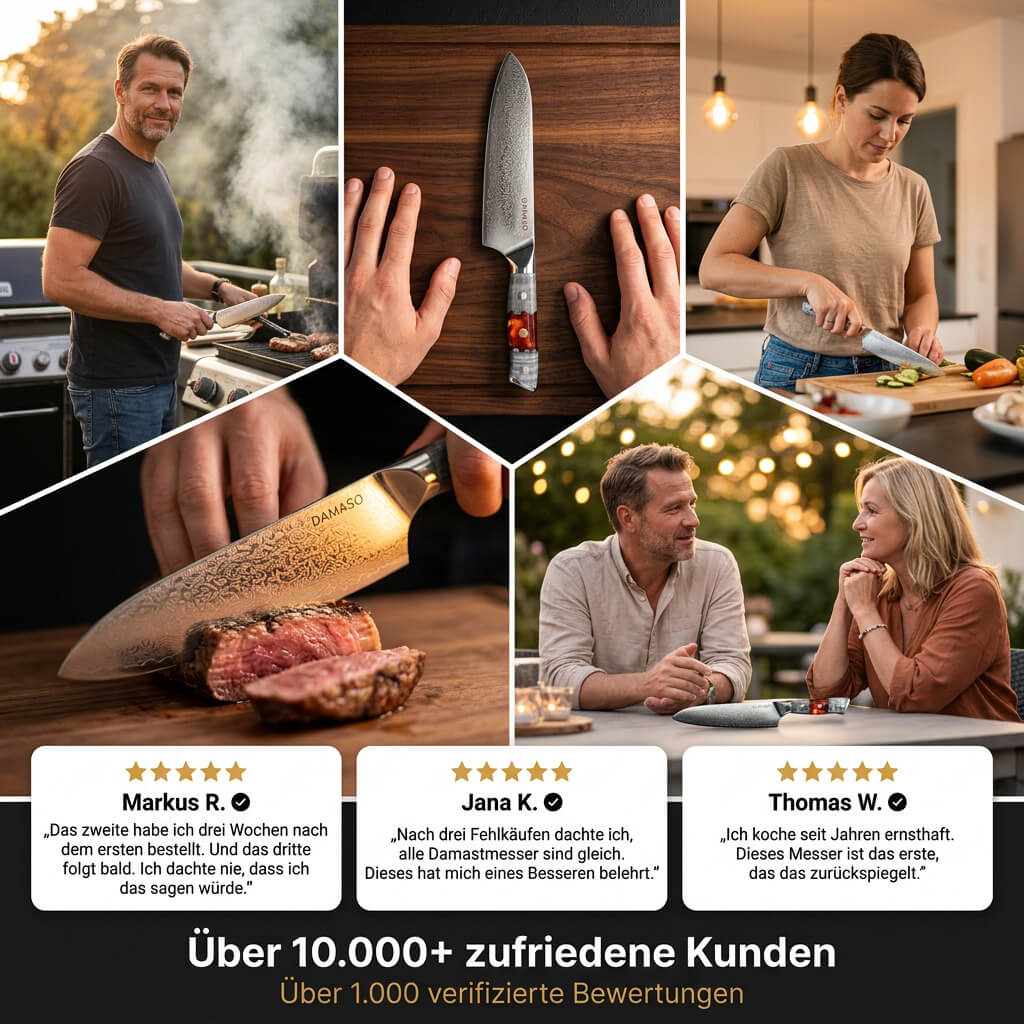 A collage showing people cooking with Damaso knives, with close-ups of the product and German customer reviews.
