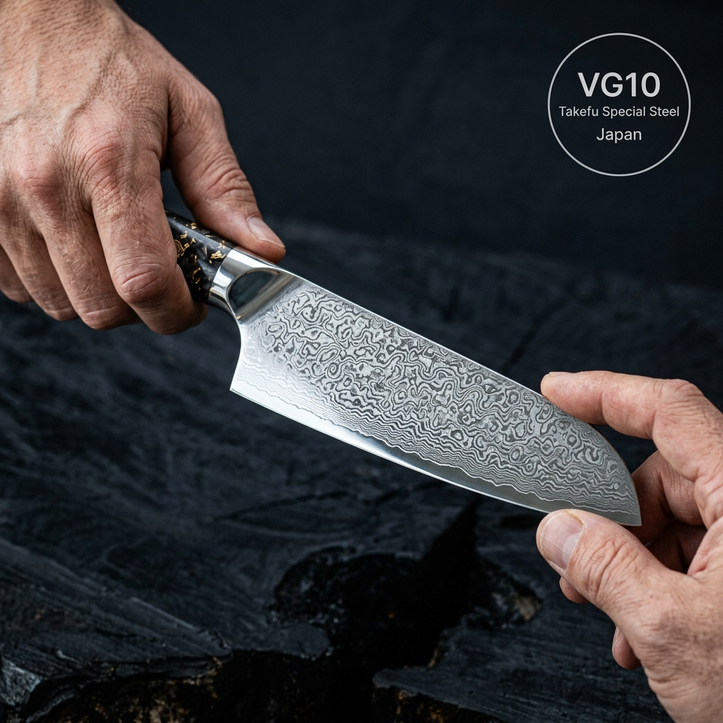A close-up of two hands holding and inspecting a patterned Damascus steel kitchen knife.