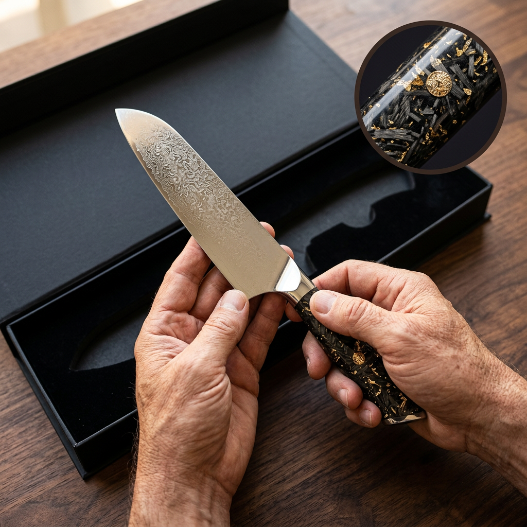 A person's hands holding a patterned Damascus steel knife with a decorative handle over a black box.