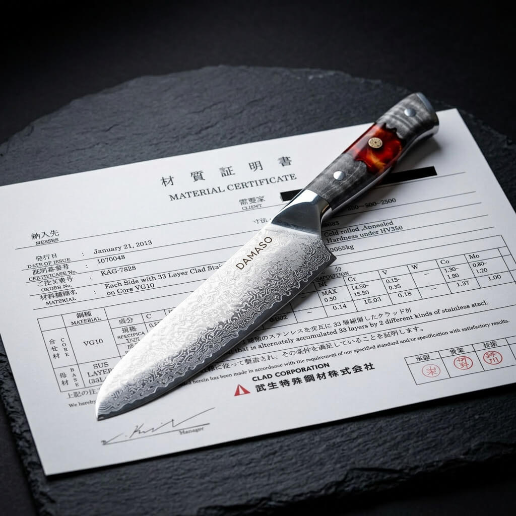 A Damascus steel knife with a decorative handle rests on top of a material certificate.