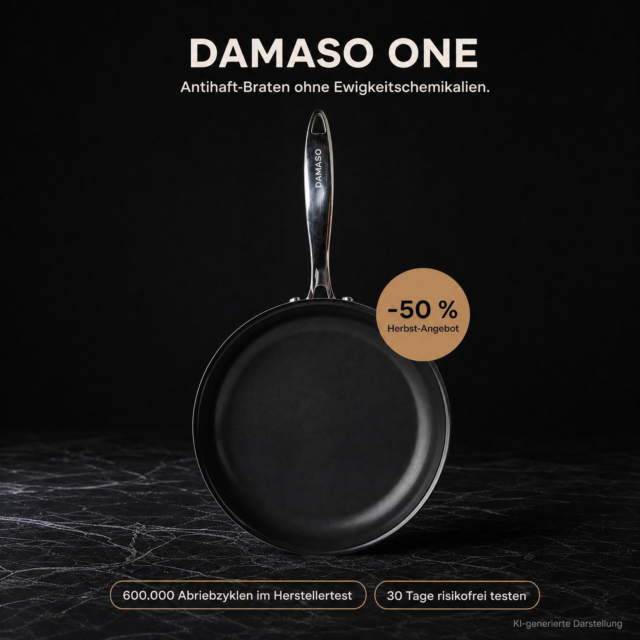 An advertisement for a Damaso One non-stick frying pan against a dark background, with German text.