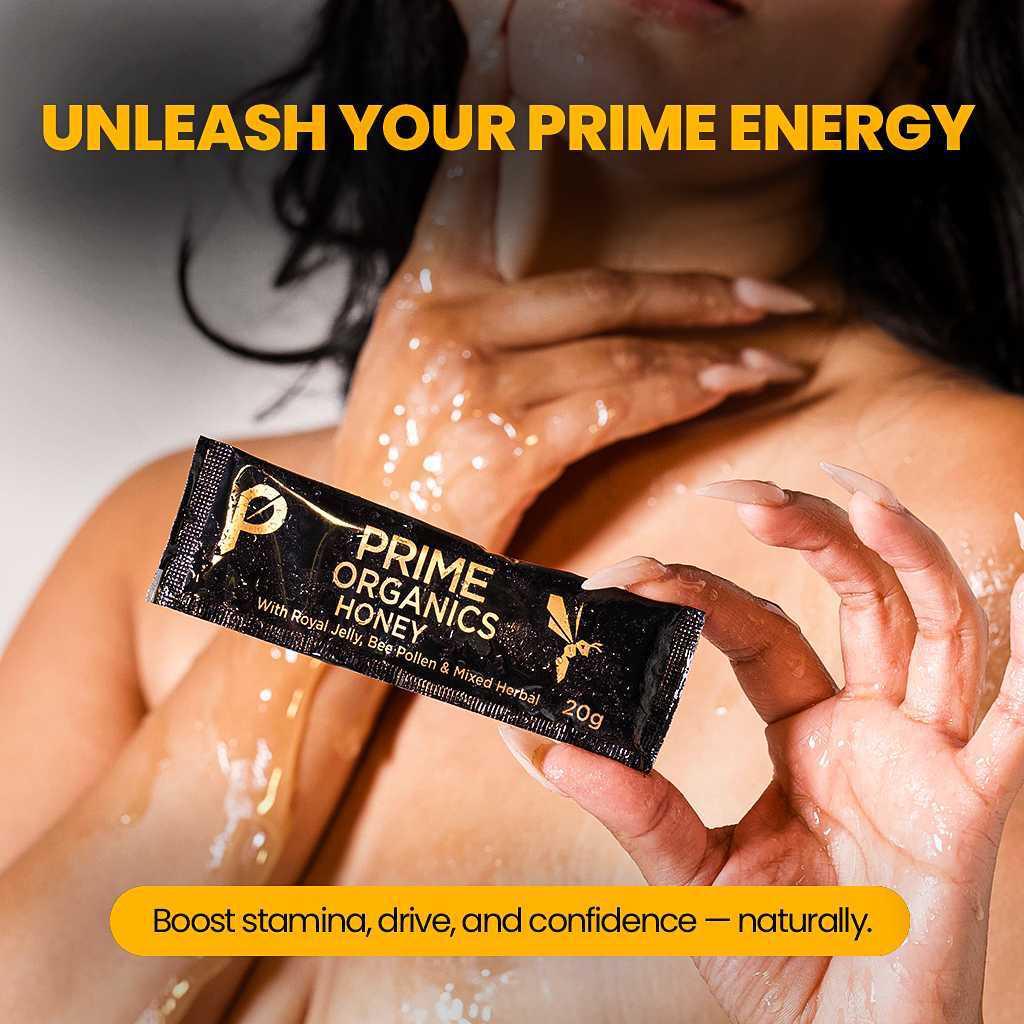 Person holding a packet labeled 'Prime Organics Honey' with text overlay.