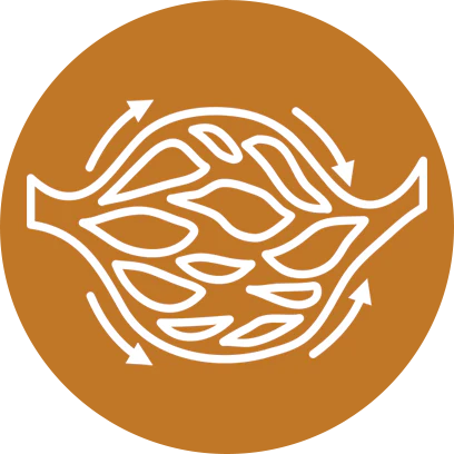White abstract leaf pattern with arrows on a brown circle background.