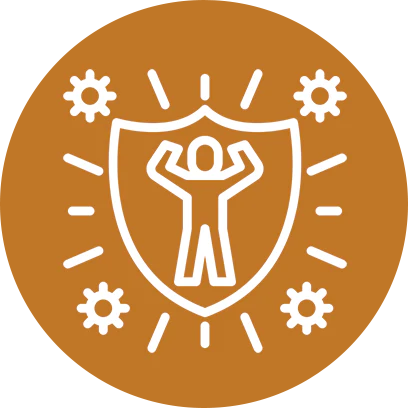 Icon of a person inside a shield with gear symbols and rays around it.