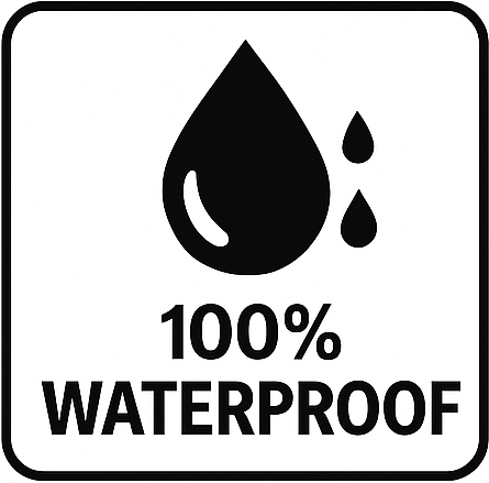 Icon with water droplets and text '100% Waterproof'.