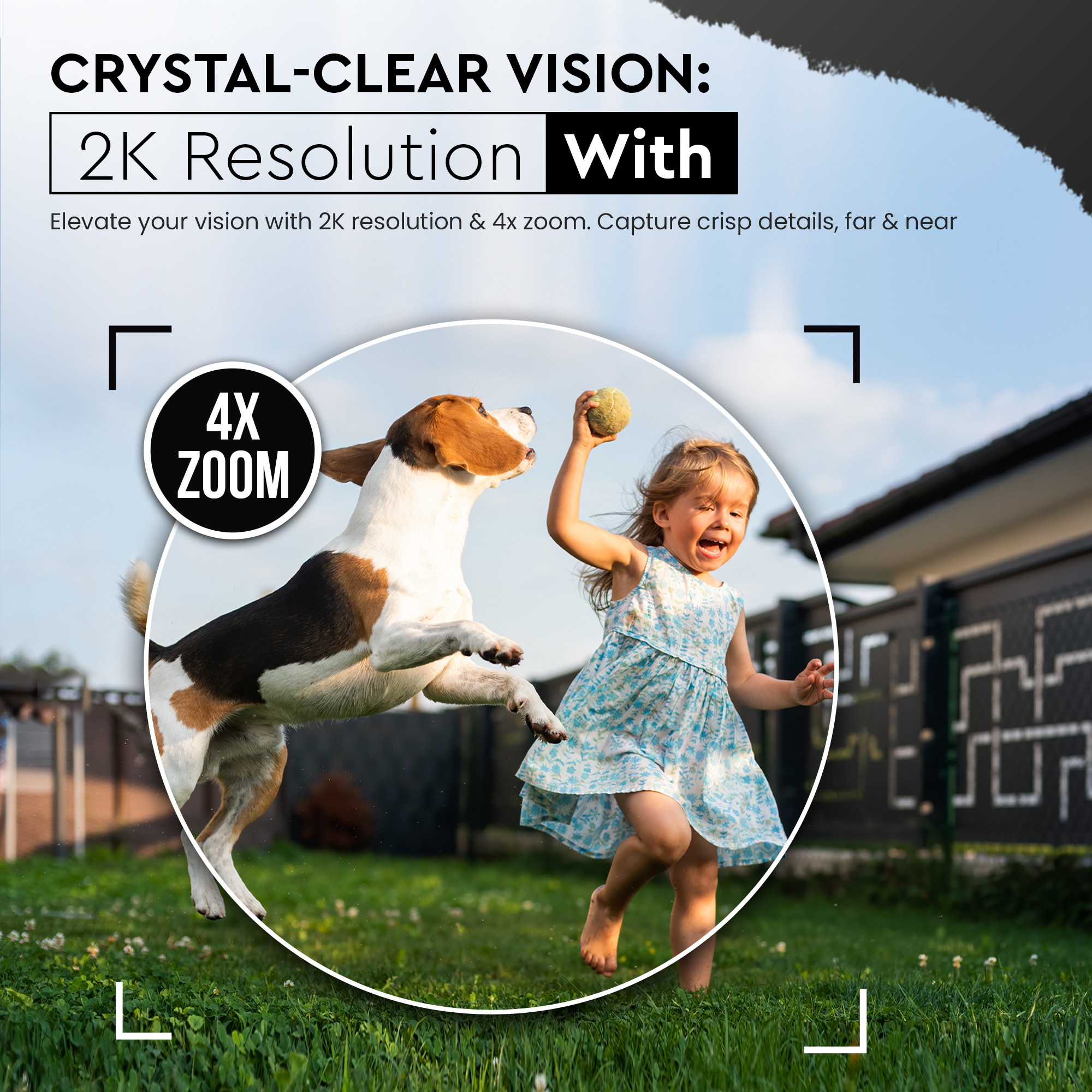 Child playing with a dog in a backyard, with text about 2K resolution and 4x zoom.