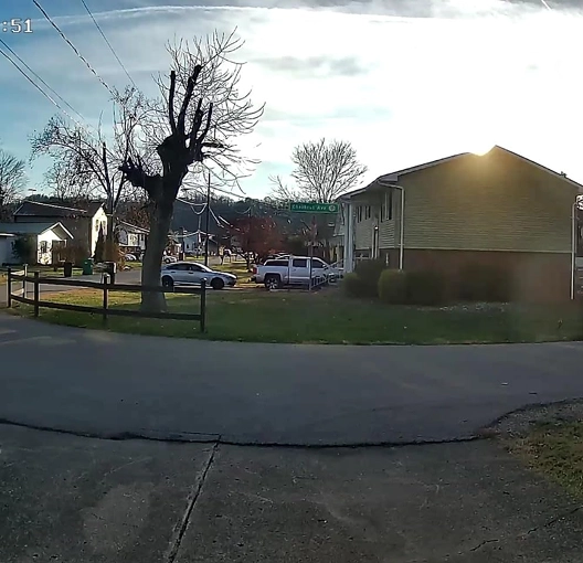 Residential street with houses, cars, and bare trees under a bright sky.
