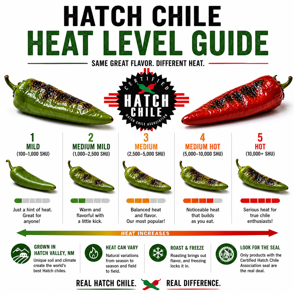 An infographic titled 'Hatch Chile Heat Level Guide' showing a scale from mild to hot with example chiles.