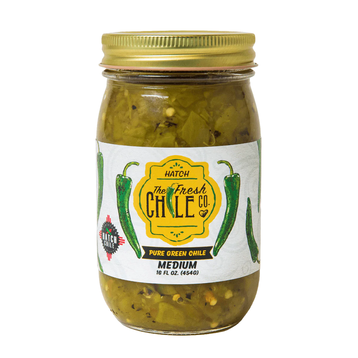 A glass jar of Hatch The Fresh Chile Co. Pure Green Chile, Medium, against a white background.