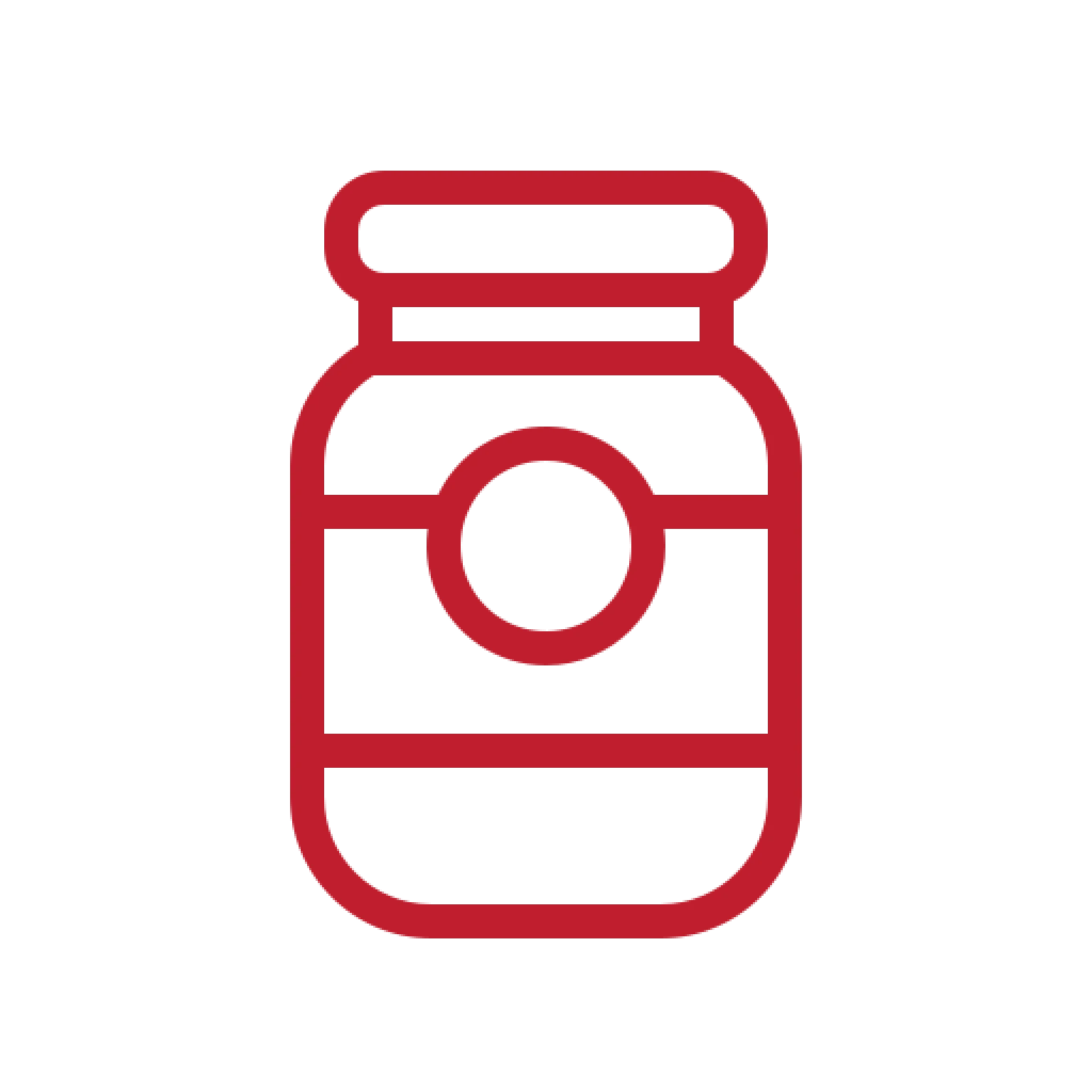 A red line icon of a jar with a lid and a label.