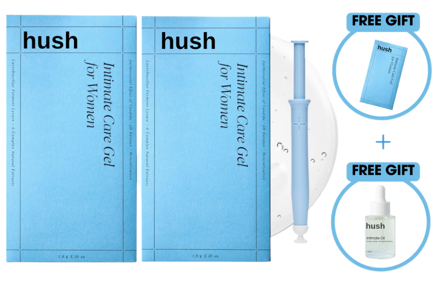 Blue Hush Intimate Care Gel packaging with syringe and free gifts shown.