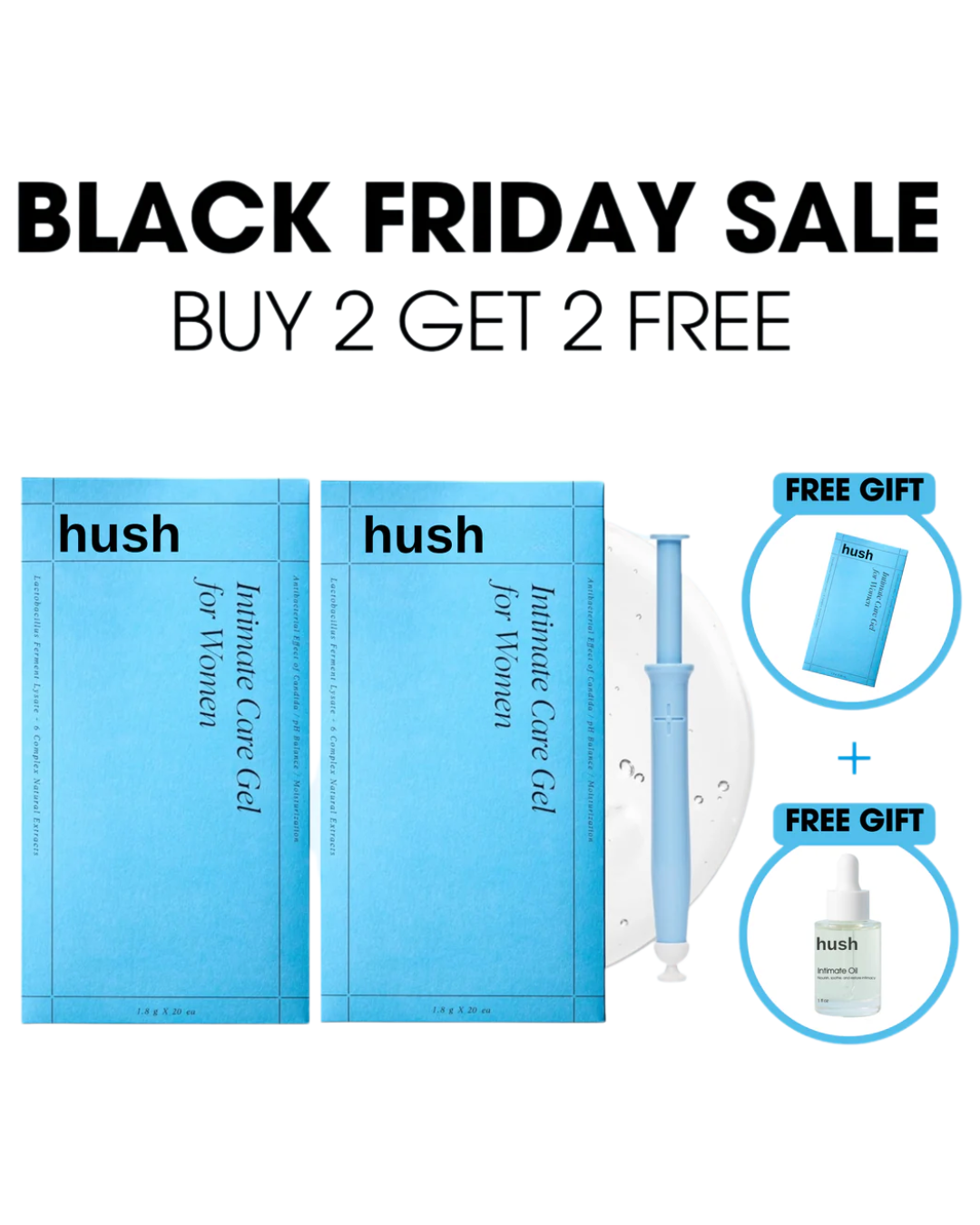 Black Friday sale banner with hush skincare products and free gifts.