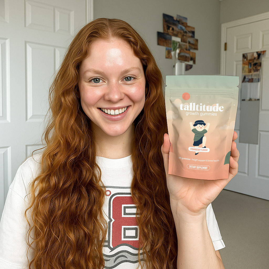 Person smiling, holding a package of growth gummies in a room.