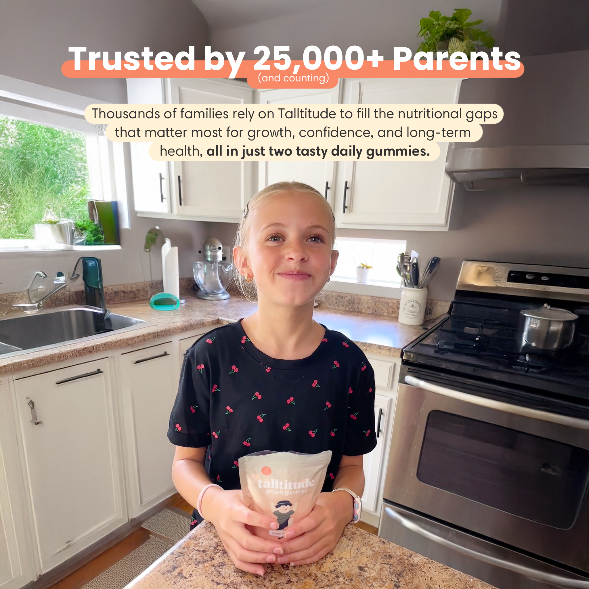 Child holding a bag of Talltitude gummies in a kitchen.