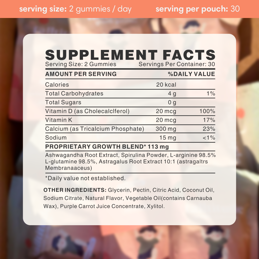 Supplement facts label for gummies with nutritional information and ingredients list.