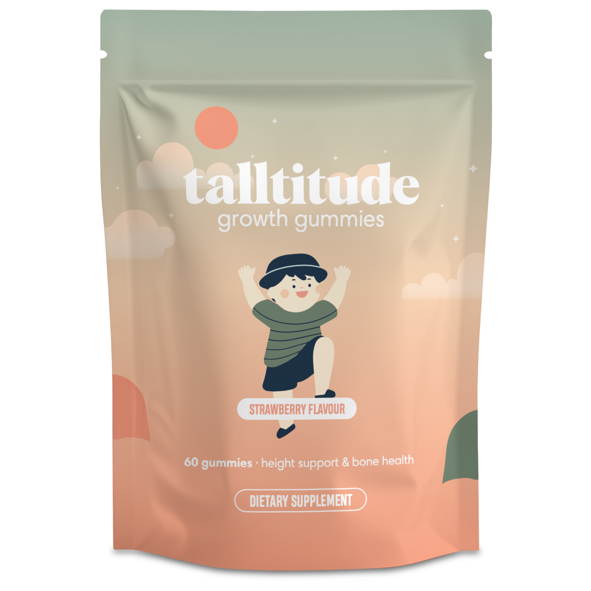 Packaging of Talltitude growth gummies with a cartoon child illustration.