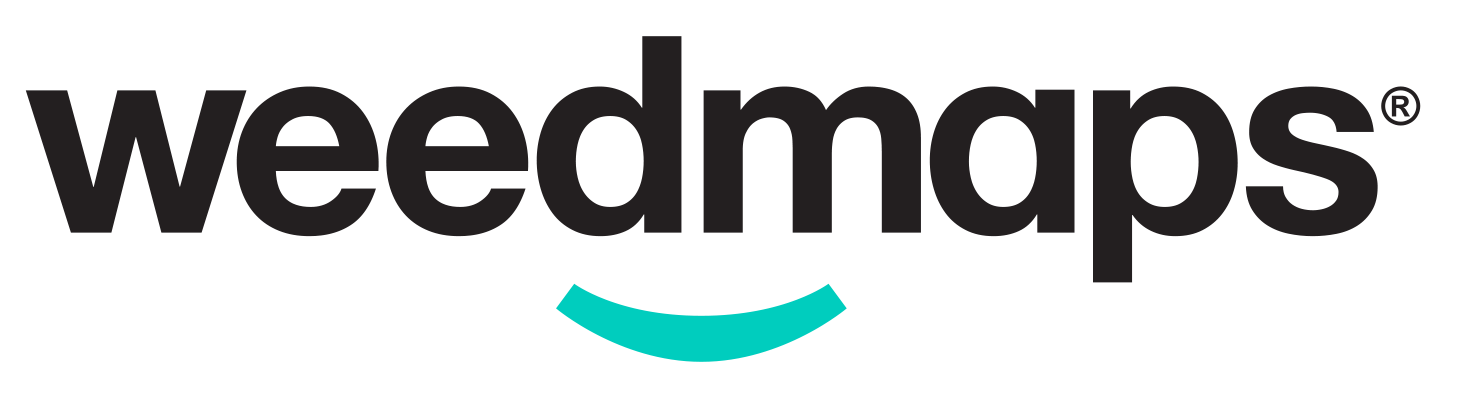 Logo with the word 'weedmaps' and a turquoise smile underneath.