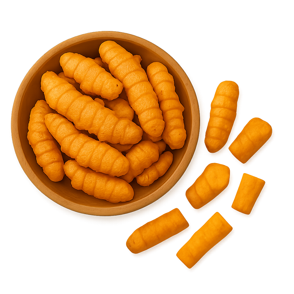 A bowl of orange cheese puffs with some scattered outside.