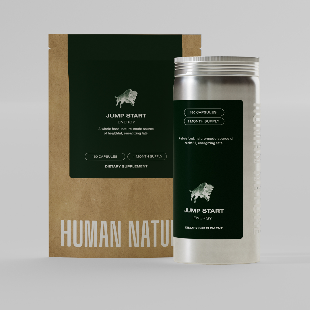 Dietary supplement packaging with 'Jump Start Energy' label and buffalo image.