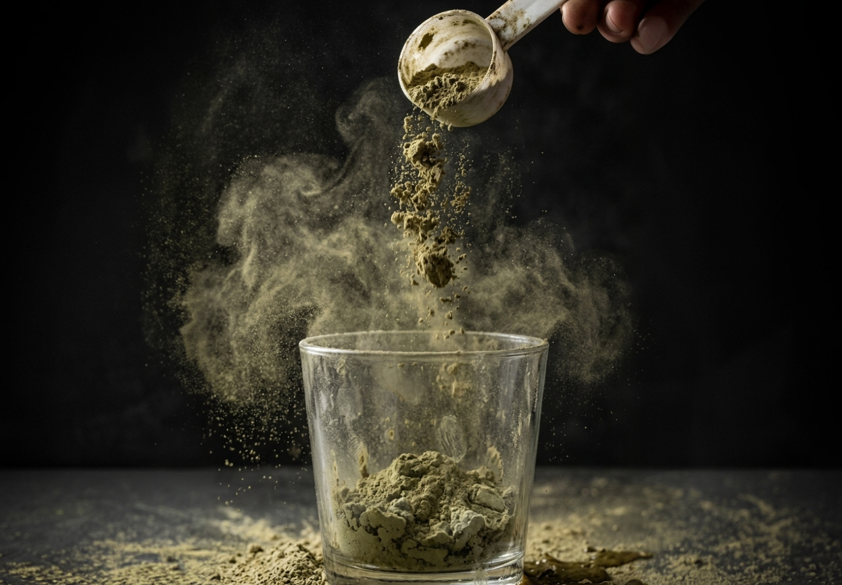 A hand pours a scoop of green powder into a glass against a dark background, creating a cloud.