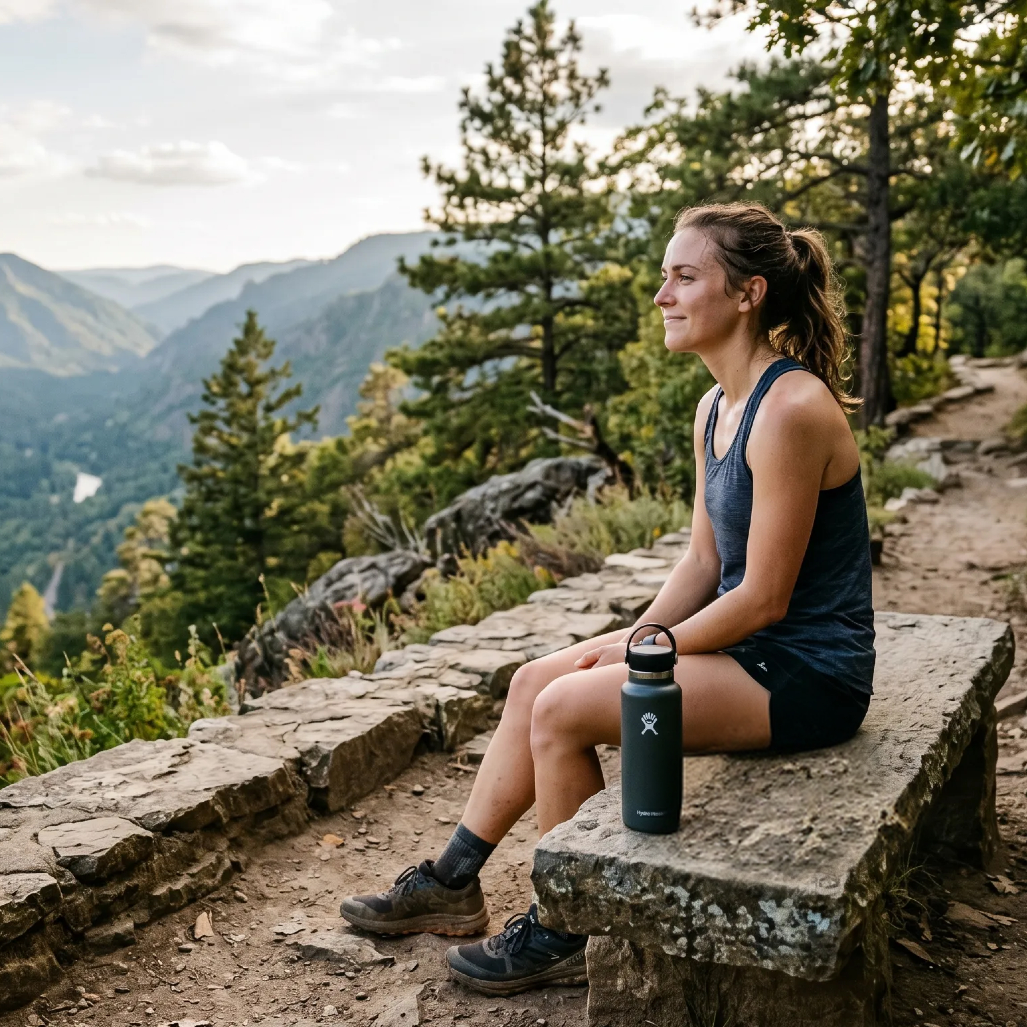 A woman in athletic clothes sits on a stone bench on a mountain trail, looking at the view.