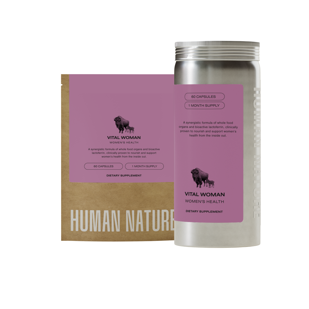 A brown paper bag and a silver bottle for Human Nature's 'Vital Woman' dietary supplement.