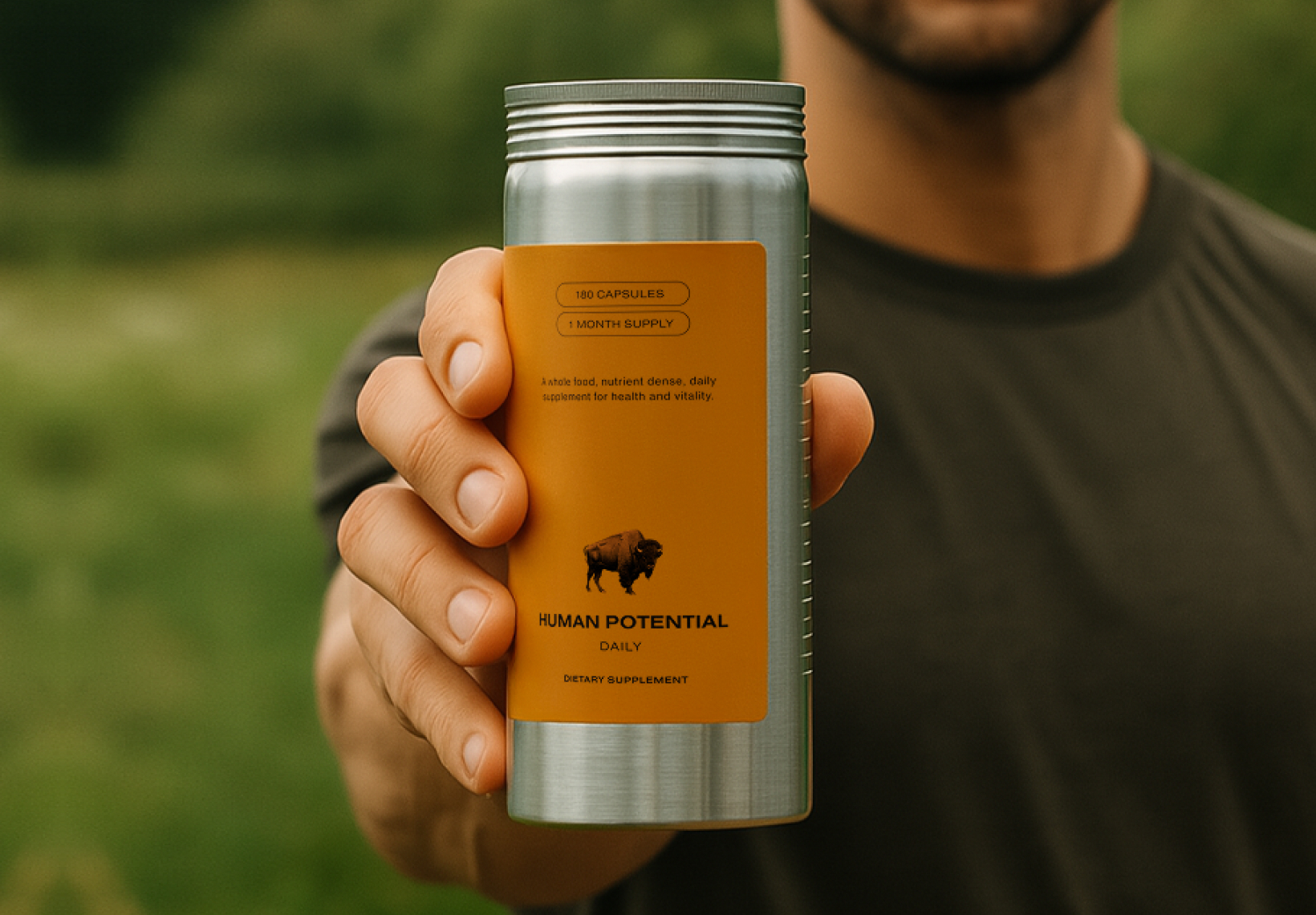 Person holding a dietary supplement container with a buffalo logo.