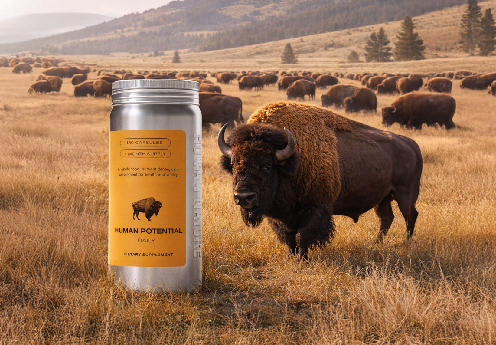 A metal supplement bottle and bison herd in a grassy field.