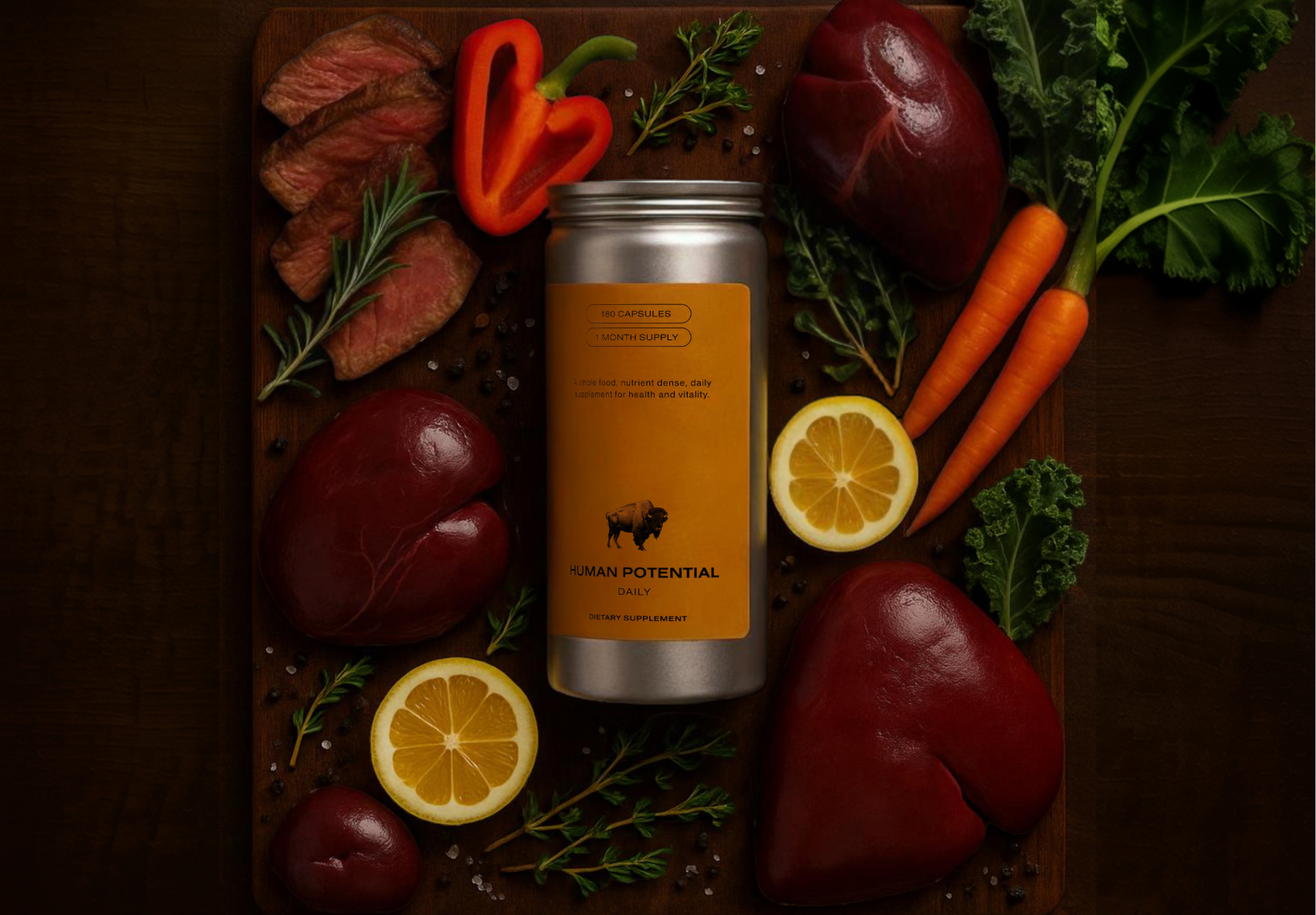 Container surrounded by raw meats, vegetables, lemon slices, and spices on a wooden board.