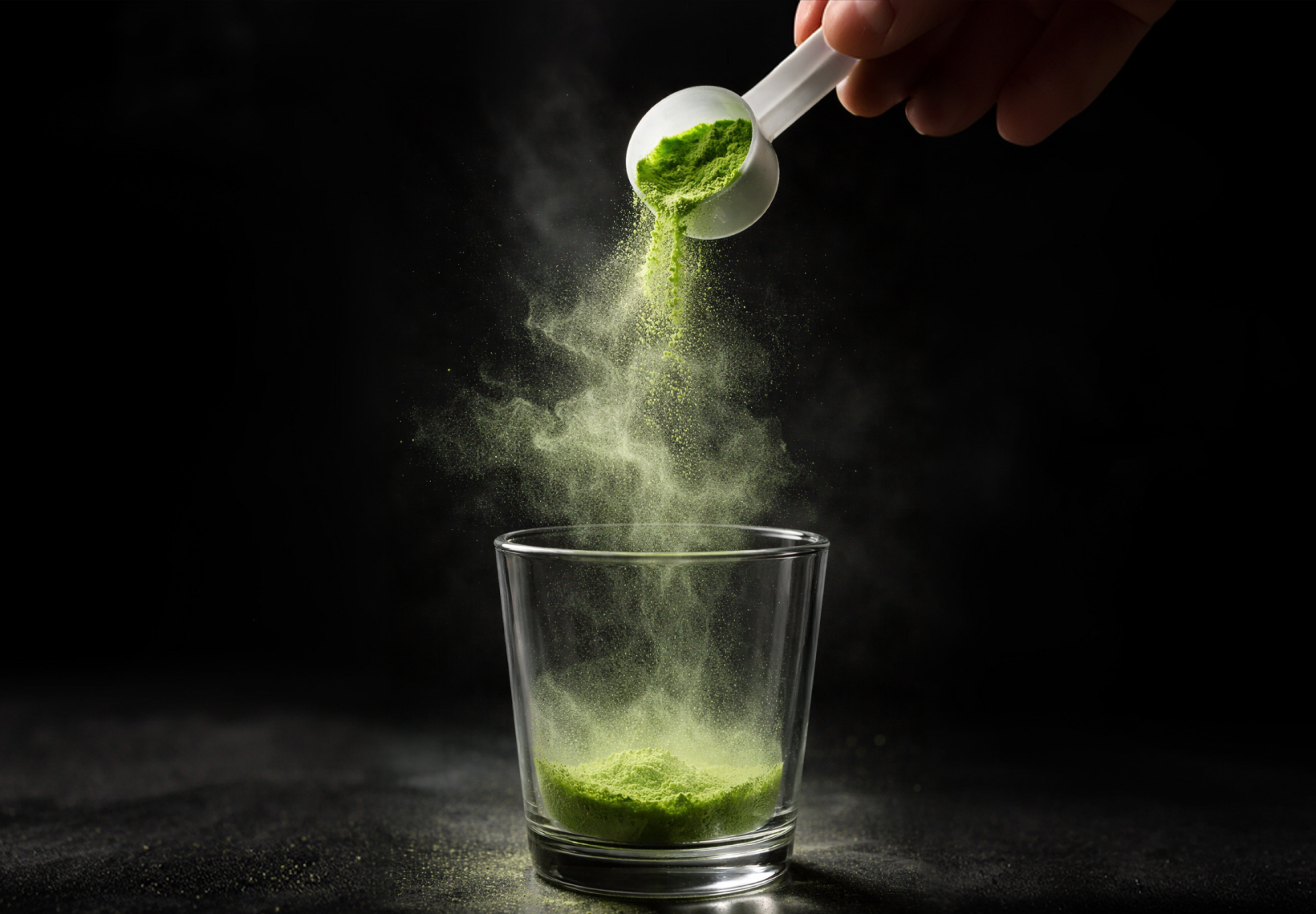 A hand pours a scoop of green powder into a glass against a dark background, creating a cloud.