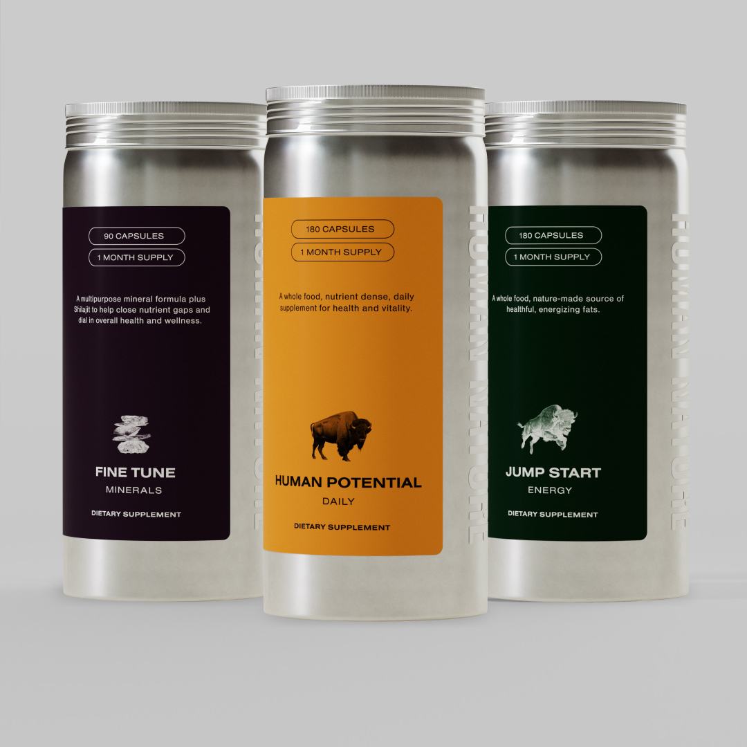 Three metallic supplement containers with different colored labels and text descriptions.