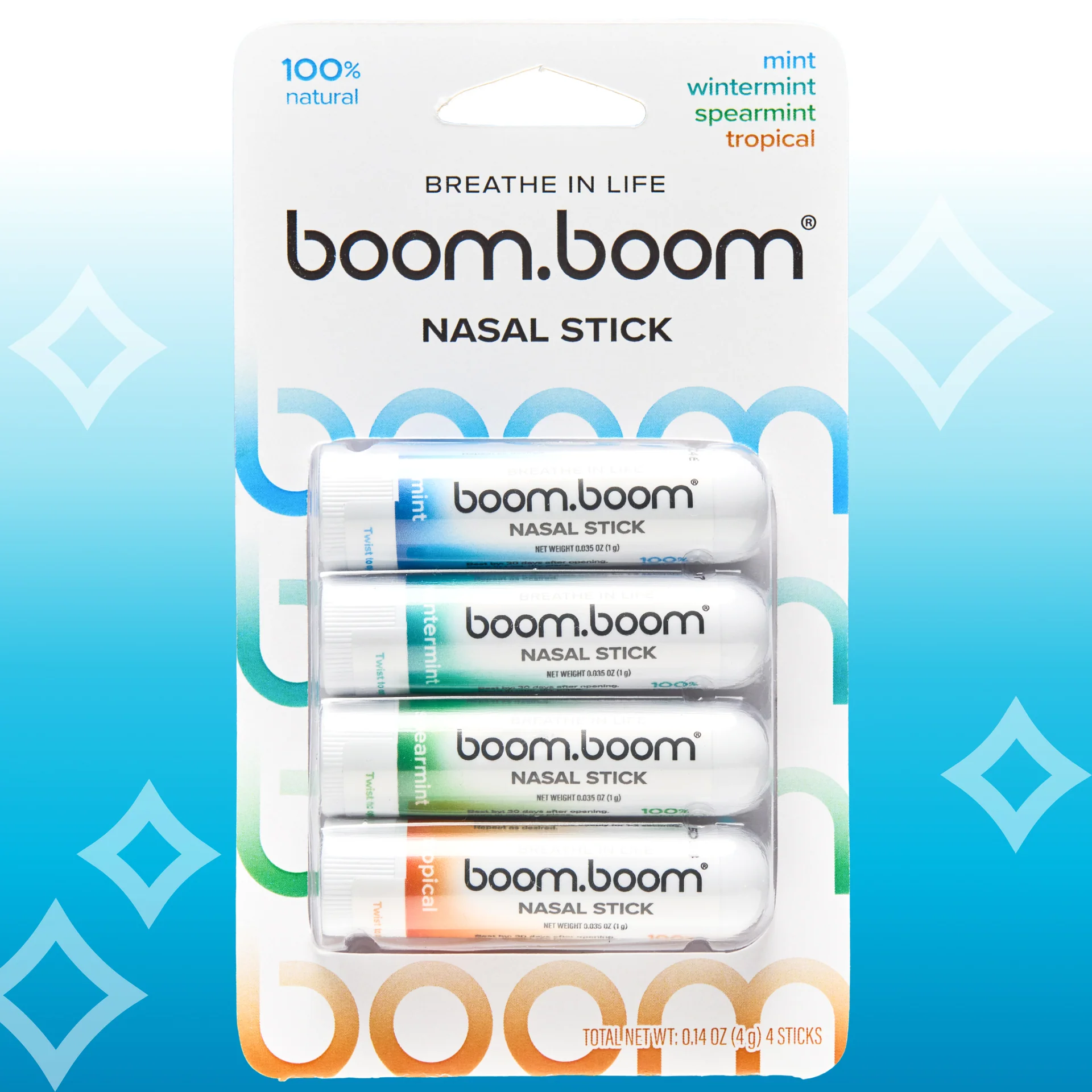 A four-pack of boom.boom brand nasal sticks in mint, wintermint, spearmint, and tropical scents.