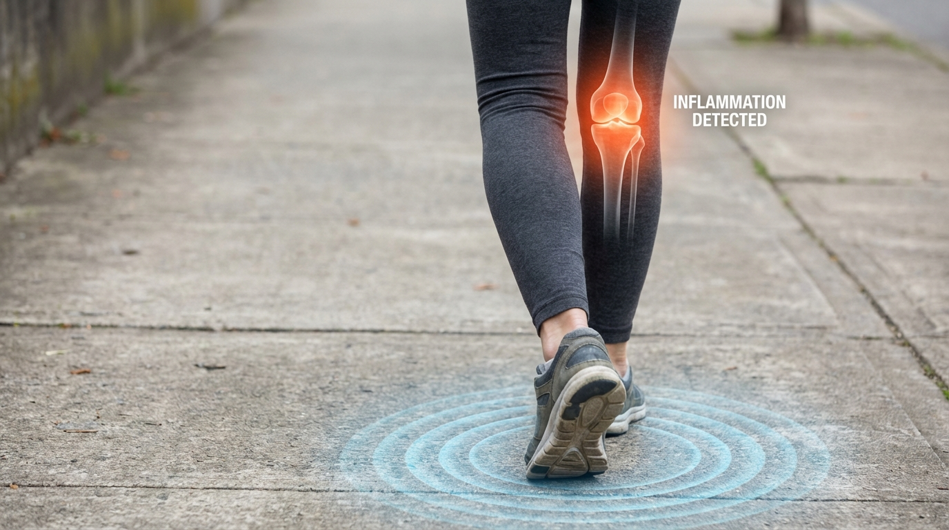 A person walks on a sidewalk while a graphic overlay shows inflammation in their knee.