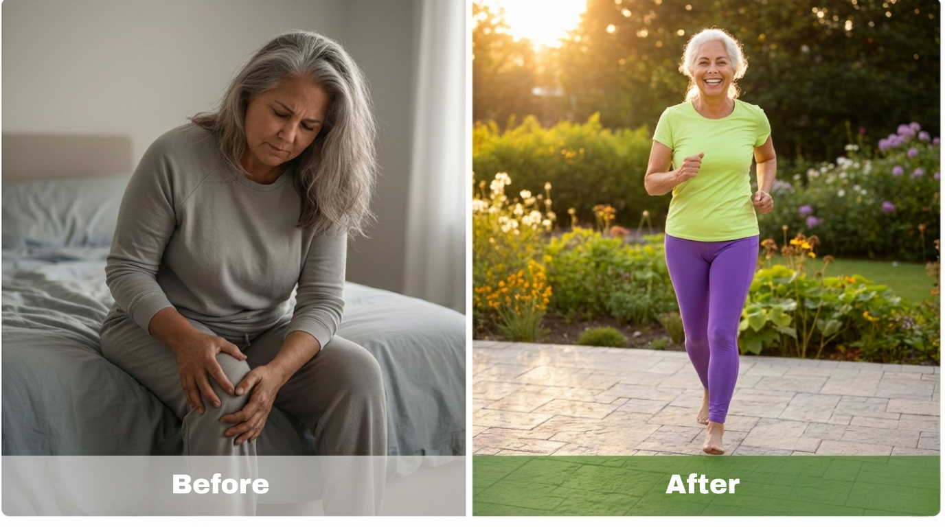 A before-and-after image showing a woman with knee pain, and then happily jogging outdoors.