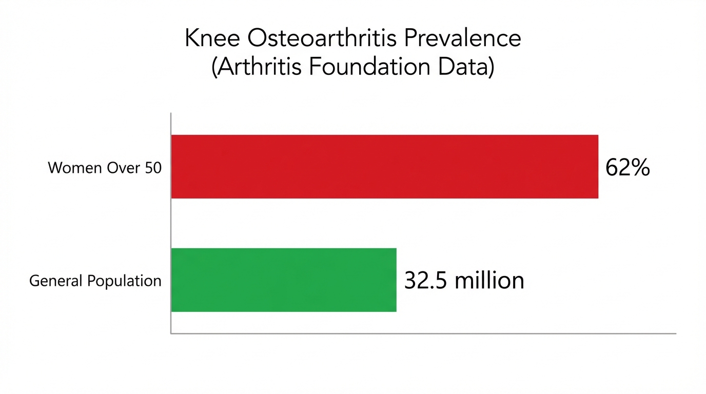 Bar chart showing knee osteoarthritis prevalence is 62% in women over 50 and 32.5 million in the general population.