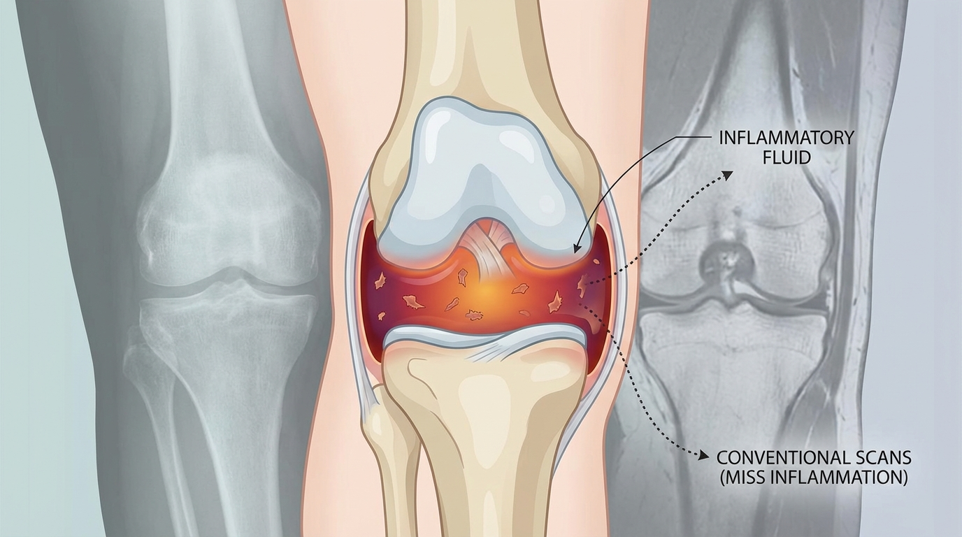 A medical diagram comparing an X-ray, MRI, and an illustration to show inflammation in a knee joint.
