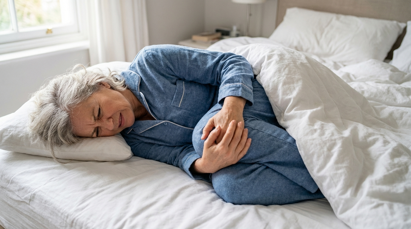 An older woman in blue pajamas lies in bed, clutching her abdomen with a pained expression.