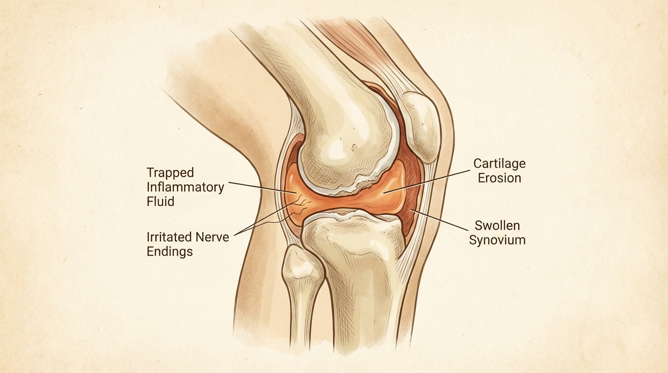 A labeled medical illustration showing the effects of arthritis on a human knee joint, including cartilage erosion and inflammation.
