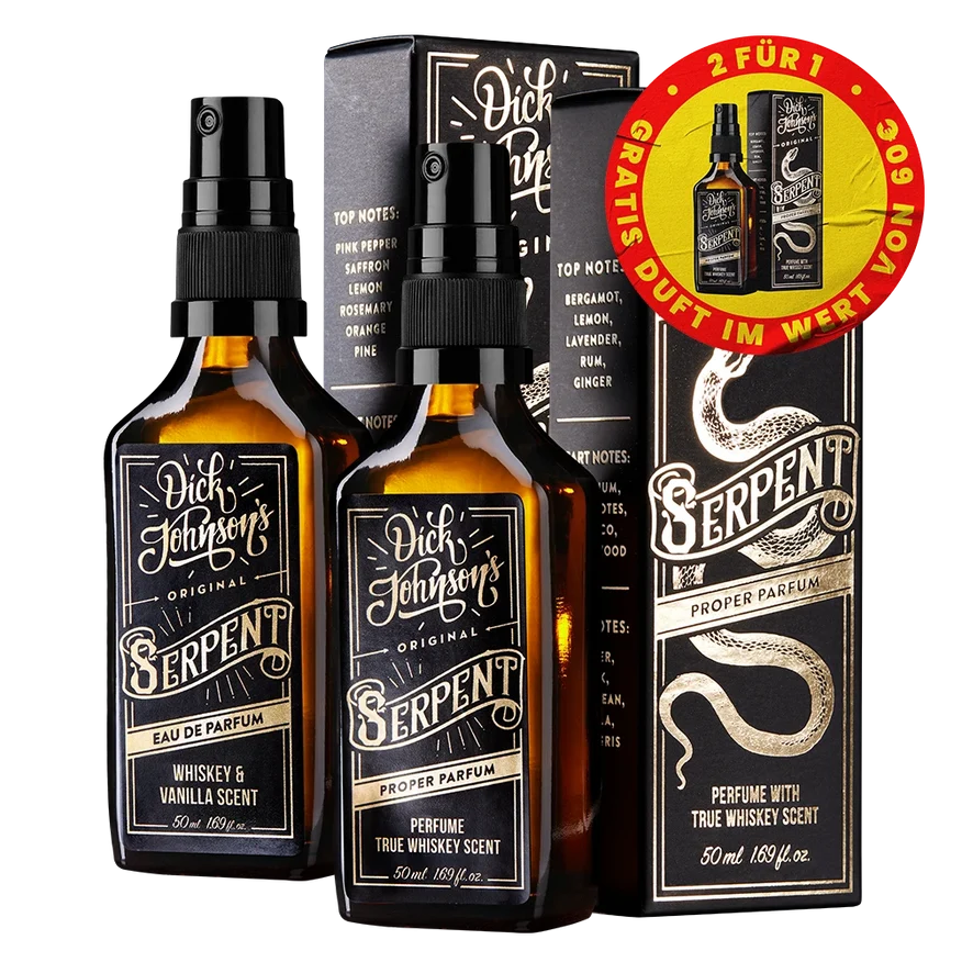 Two bottles of Dick Johnson's Serpent perfume, an Eau de Parfum and a Proper Parfum, with their boxes.