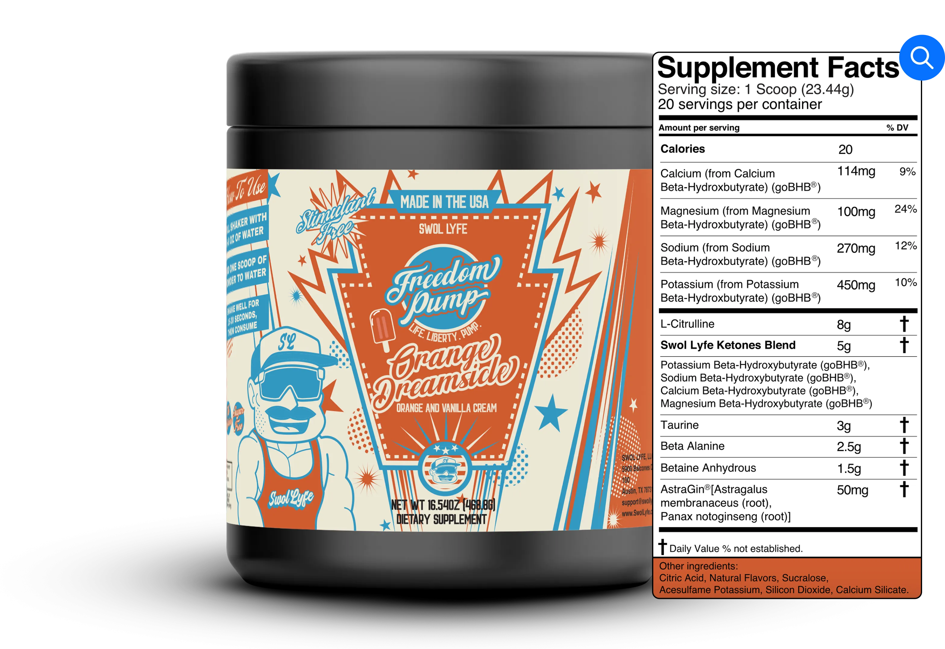 Black supplement container with colorful label and nutrition facts panel on the side.